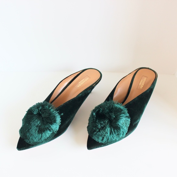 Aquazzura Powder-Puff Green Velvet Kitten Heel Mules, IT 40.5, Excellent Cond. - Picture 1 of 14